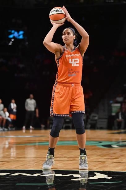 Brionna Jones of the Connecticut Sun shoots a free throw against the New York Liberty on July 11, 2021 at the Barclays Center in Brooklyn, New York....