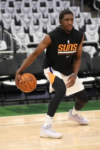 Langston Galloway of the Phoenix Suns warms up prior to a game against the Milwaukee Bucks during Game Three of the 2021 NBA Finals on July 11, 2021...