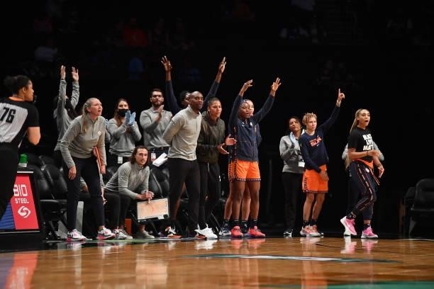 The Connecticut Sun celebrate during the game against the New York Liberty on July 11, 2021 at the Barclays Center in Brooklyn, New York. NOTE TO...