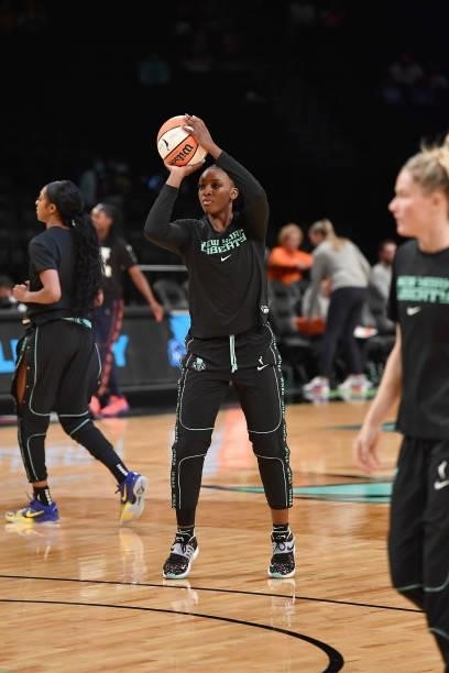Michaela Onyenwere of the New York Liberty shoots the ball before the game against the Connecticut Sun on July 11, 2021 at the Barclays Center in...