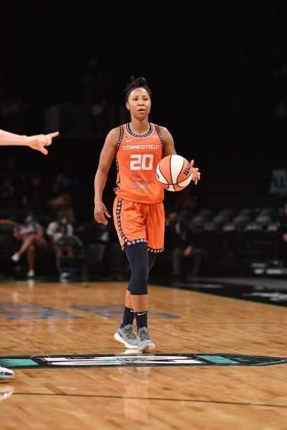 Briann January of the Connecticut Sun dribbles the ball against the New York Liberty on July 11, 2021 at the Barclays Center in Brooklyn, New York....
