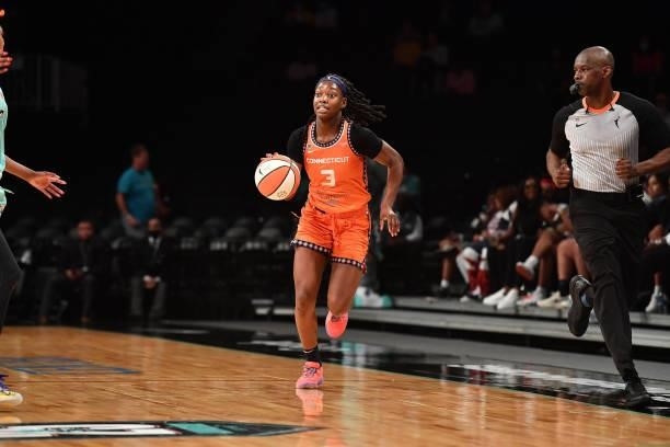 Kaila Charles of the Connecticut Sun dribbles the ball against the New York Liberty on July 11, 2021 at the Barclays Center in Brooklyn, New York....