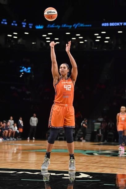 Brionna Jones of the Connecticut Sun shoots a free throw against the New York Liberty on July 11, 2021 at the Barclays Center in Brooklyn, New York....