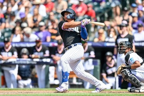 Francisco Alvarez of National League Futures Team hits a solo home run against the American League Futures Team at Coors Field on July 11, 2021 in...