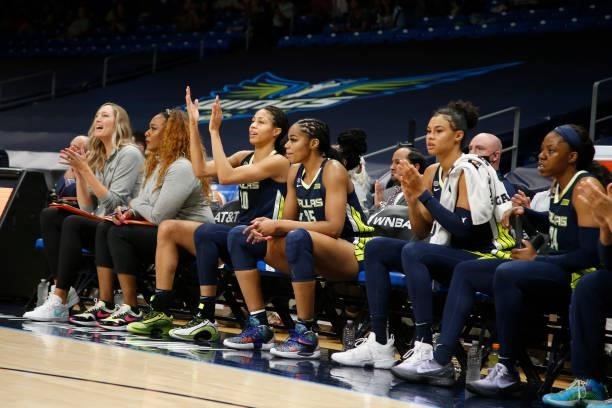 The Dallas Wings celebrate during the game against the Las Vegas Aces on July 11, 2021 at the College Park Center in Arlington, TX. NOTE TO USER:...