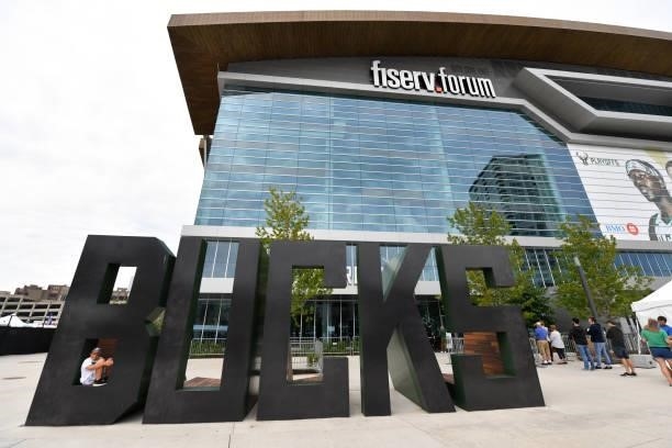 An outside view of the arena before Game Three of the 2021 NBA Finals on July 11, 2021 at Fiserv Forum in Milwaukee, Wisconsin. NOTE TO USER: User...