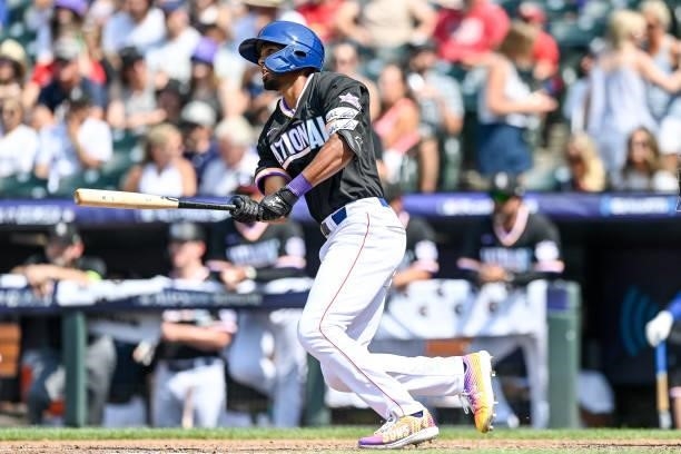 Brennen Davis of National League Futures Team hits a home run against the American League Futures Team at Coors Field on July 11, 2021 in Denver,...