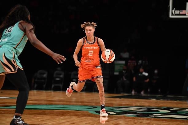 Natisha Hiedeman of the Connecticut Sun dribbles the ball against the New York Liberty on July 11, 2021 at the Barclays Center in Brooklyn, New York....