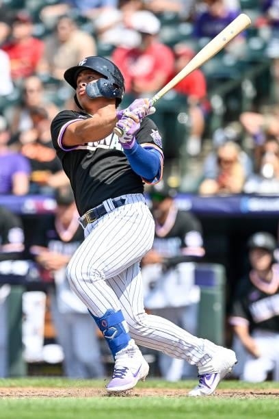 Francisco Alvarez of National League Futures Team hits a solo home run against the American League Futures Team at Coors Field on July 11, 2021 in...