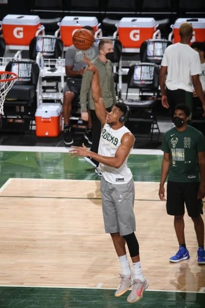 Giannis Antetokounmpo of the Milwaukee Bucks warms up before the game against the Phoenix Suns during Game Three of the 2021 NBA Finals on July 11,...