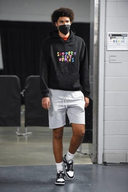 Cameron Johnson of the Phoenix Suns arrives to the arena before the game against the Milwaukee Bucks during Game Three of the 2021 NBA Finals on July...