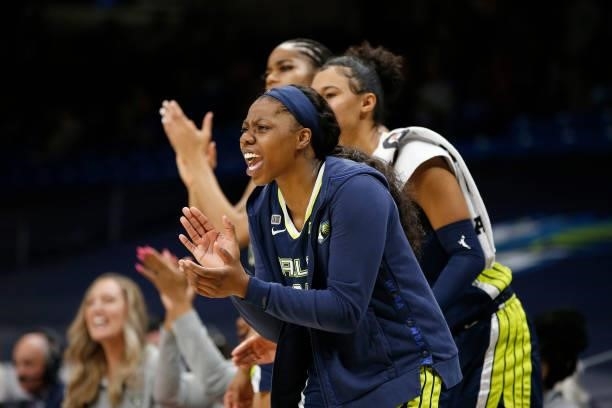 Arike Ogunbowale of the Dallas Wings celebrates during the game against the Las Vegas Aces on July 11, 2021 at the College Park Center in Arlington,...