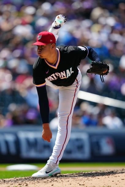 Cade Cavalli of the National League Team pitches during the 2021 Sirius XM Futures Game at Coors Field on Sunday, July 11, 2021 in Denver, Colorado.