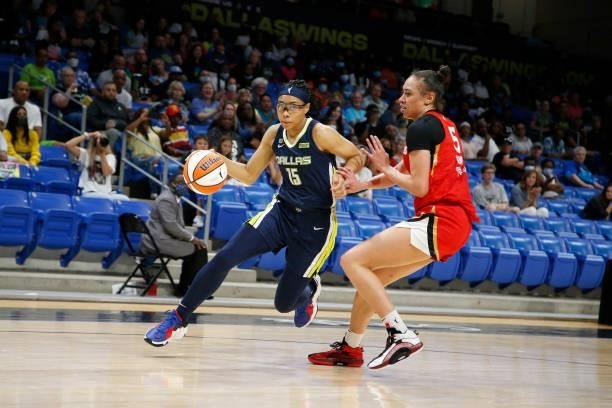 Allisha Gray of the Dallas Wings drives to the basket against the Las Vegas Aces on July 11, 2021 at the College Park Center in Arlington, TX. NOTE...