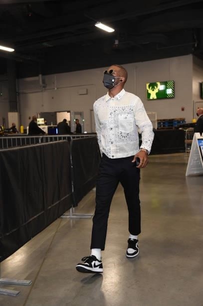 Chris Paul of the Phoenix Suns arrives for the game against the Milwaukee Bucks during Game Three of the 2021 NBA Finals on July 11, 2021 at Fiserv...