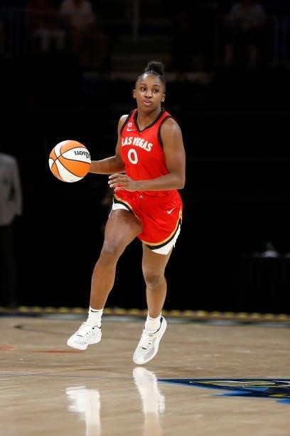 Jackie Young of the Las Vegas Aces dribbles the ball against the Dallas Wings on July 11, 2021 at the College Park Center in Arlington, TX. NOTE TO...