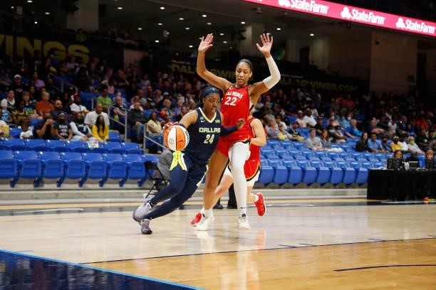 Arike Ogunbowale of the Dallas Wings drives to the basket against the Las Vegas Aces on July 11, 2021 at the College Park Center in Arlington, TX....