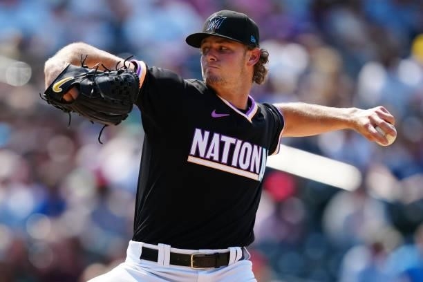 Jake Eder of the National League Team pitches during the 2021 Sirius XM Futures Game at Coors Field on Sunday, July 11, 2021 in Denver, Colorado.