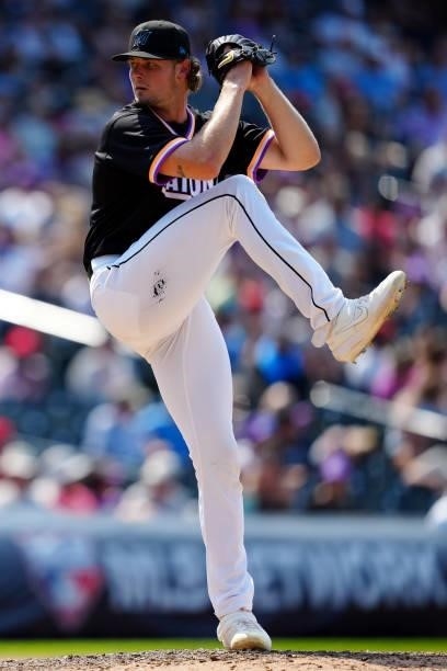 Jake Eder of the National League Team pitches during the 2021 Sirius XM Futures Game at Coors Field on Sunday, July 11, 2021 in Denver, Colorado.