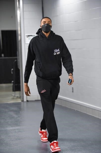 Mikal Bridges of the Phoenix Suns arrives to the arena before the game against the Milwaukee Bucks during Game Three of the 2021 NBA Finals on July...