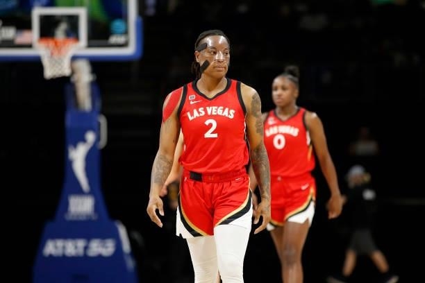 Riquna Williams of the Las Vegas Aces looks on during the game against the Dallas Wings on July 11, 2021 at the College Park Center in Arlington, TX....