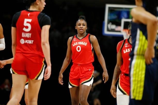 Jackie Young of the Las Vegas Aces looks on during the game against the Dallas Wings on July 11, 2021 at the College Park Center in Arlington, TX....