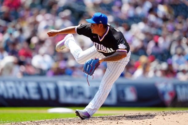 Manuel Rodriguez of the National League Team pitches during the 2021 Sirius XM Futures Game at Coors Field on Sunday, July 11, 2021 in Denver,...