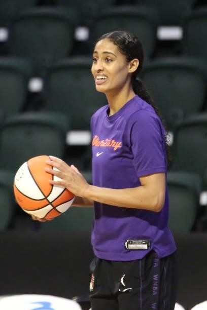 Skylar Diggins-Smith of the Phoenix Mercury smiles before the game against the Seattle Storm on July 11, 2021 at the Angel of the Winds Arena, in...