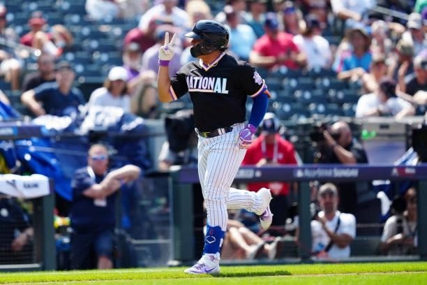 Francisco Alvarez of the National League Team rounds the bases after hitting a solo home run in the sixth inning during the 2021 Sirius XM Futures...