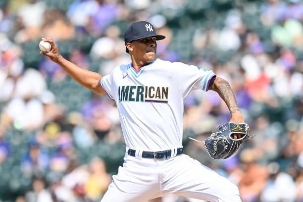Luis Medina of American League Futures Team pitches against the National League Futures Team at Coors Field on July 11, 2021 in Denver, Colorado.
