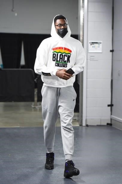 Jalen Smith of the Phoenix Suns arrives to the arena before the game against the Milwaukee Bucks during Game Three of the 2021 NBA Finals on July 11,...