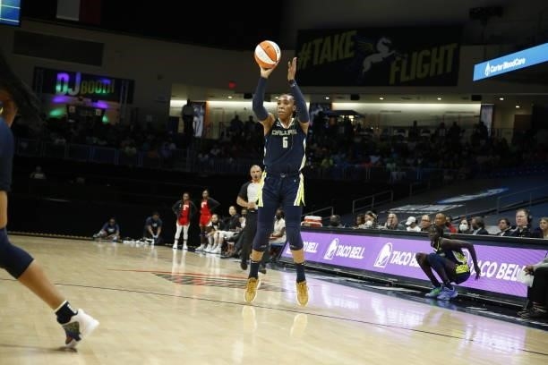 Kayla Thornton of the Dallas Wings shoots the ball against the Las Vegas Aces on July 11, 2021 at the College Park Center in Arlington, TX. NOTE TO...