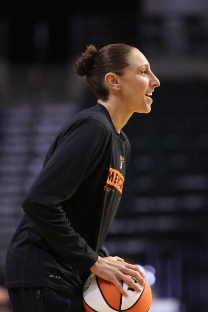 Diana Taurasi of the Phoenix Mercury smiles before the game against the Seattle Storm on July 11, 2021 at the Angel of the Winds Arena, in Everett,...