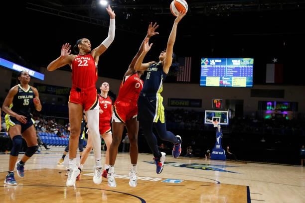 Allisha Gray of the Dallas Wings drives to the basket against the Las Vegas Aces on July 11, 2021 at the College Park Center in Arlington, TX. NOTE...