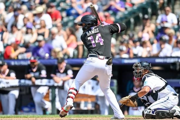 Heliot Ramos of National League Futures Team bats against the American League Futures Team at Coors Field on July 11, 2021 in Denver, Colorado.