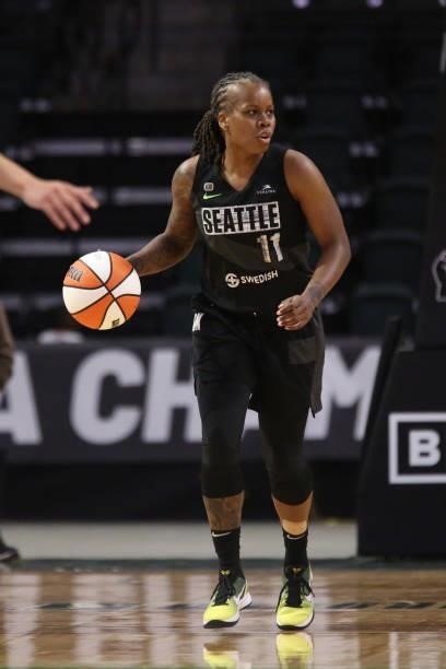 Epiphanny Prince of the Seattle Storm handles the ball against the Phoenix Mercury on July 11, 2021 at the Angel of the Winds Arena, in Everett,...
