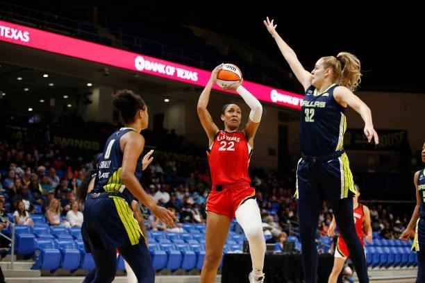 Ja Wilson of the Las Vegas Aces shoots the ball against the Dallas Wings on July 11, 2021 at the College Park Center in Arlington, TX. NOTE TO USER:...