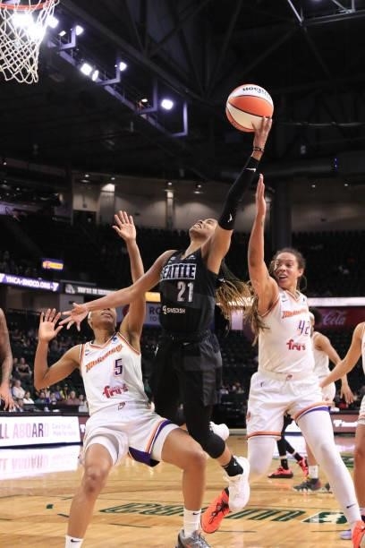 Jordin Canada of the Seattle Storm shoots the ball against the Phoenix Mercury on July 11, 2021 at the Angel of the Winds Arena, in Everett,...