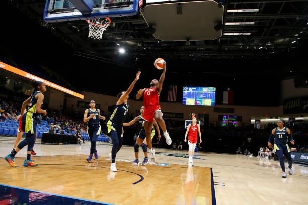 Jackie Young of the Las Vegas Aces drives to the basket against the Dallas Wings on July 11, 2021 at the College Park Center in Arlington, TX. NOTE...