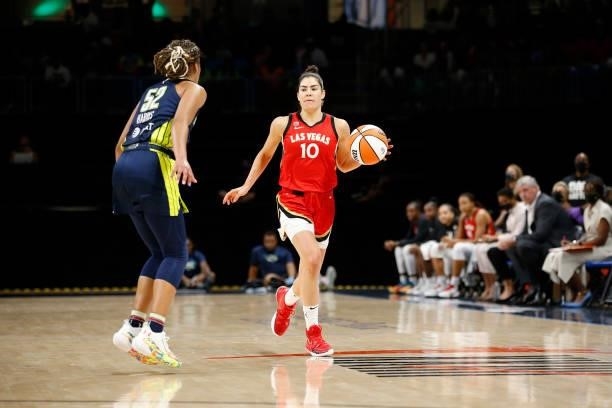 Tyasha Harris of the Dallas Wings plays defense on Kelsey Plum of the Las Vegas Aces on July 11, 2021 at the College Park Center in Arlington, TX....