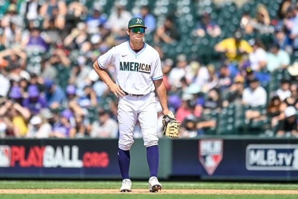 Tyler Soderstrom of American League Futures Team stands at first base against the National League Futures Team at Coors Field on July 11, 2021 in...