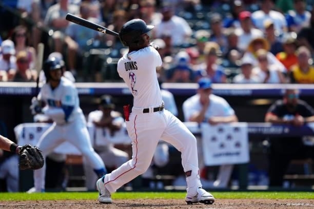 Jeter Downs of the American League Team hits a two-run double in the seventh inning during the 2021 Sirius XM Futures Game at Coors Field on Sunday,...