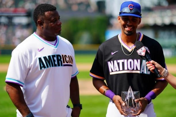 Hall of Famer Ken Griffey Jr. Presents Brennen Davis of the National League Team with the 2021 Sirius XM Futures Game MVP at Coors Field on Sunday,...