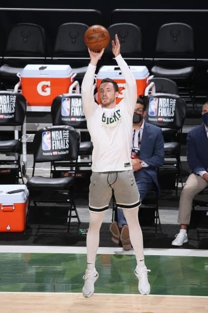 Pat Connaughton of the Milwaukee Bucks warms up before the game against the Phoenix Suns during Game Three of the 2021 NBA Finals on July 11, 2021 at...