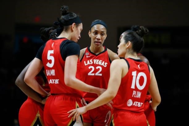 The Las Vegas Aces huddle up during the game against the Dallas Wings on July 11, 2021 at the College Park Center in Arlington, TX. NOTE TO USER:...
