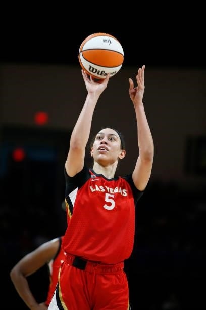 Dearica Hamby of the Las Vegas Aces shoots a free throw against the Dallas Wings on July 11, 2021 at the College Park Center in Arlington, TX. NOTE...