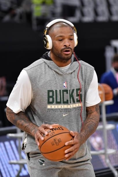 Tucker of the Milwaukee Bucks warms up before Game Three of the 2021 NBA Finals on July 11, 2021 at Fiserv Forum in Milwaukee, Wisconsin. NOTE TO...