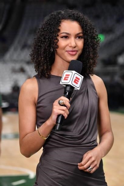 Sports journalist and reporter, Malika Andrews reports during Game Three of the 2021 NBA Finals on July 11, 2021 at Fiserv Forum in Milwaukee,...