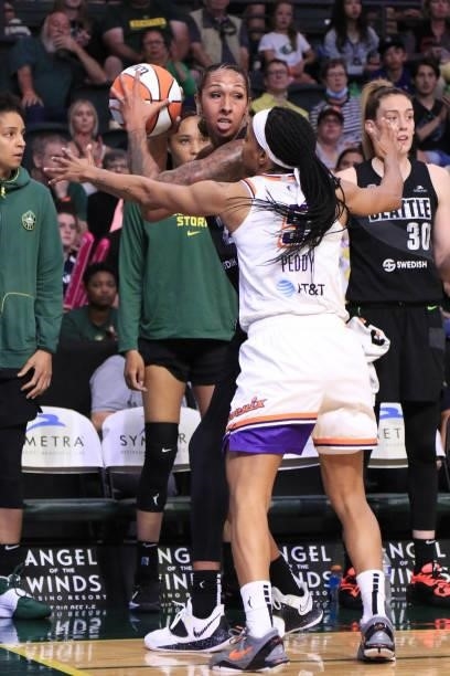 Mercedes Russell of the Seattle Storm looks to pass the ball against the Phoenix Mercury on July 11, 2021 at the Angel of the Winds Arena, in...