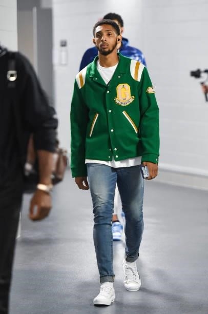 Cameron Payne of the Phoenix Suns arrives to the arena before the game against the Milwaukee Bucks during Game Three of the 2021 NBA Finals on July...